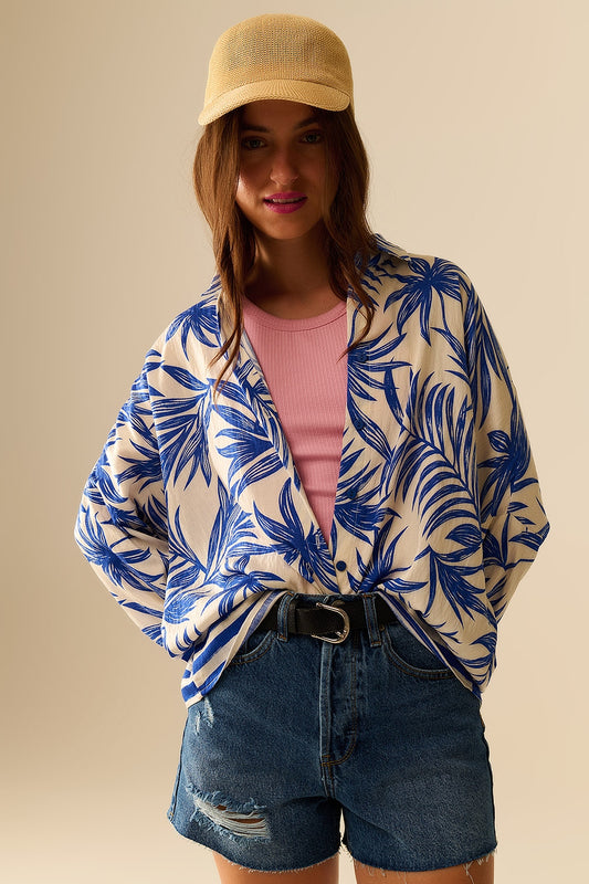 Q2 Tropical Motif Relaxed Blouse in Blue and White