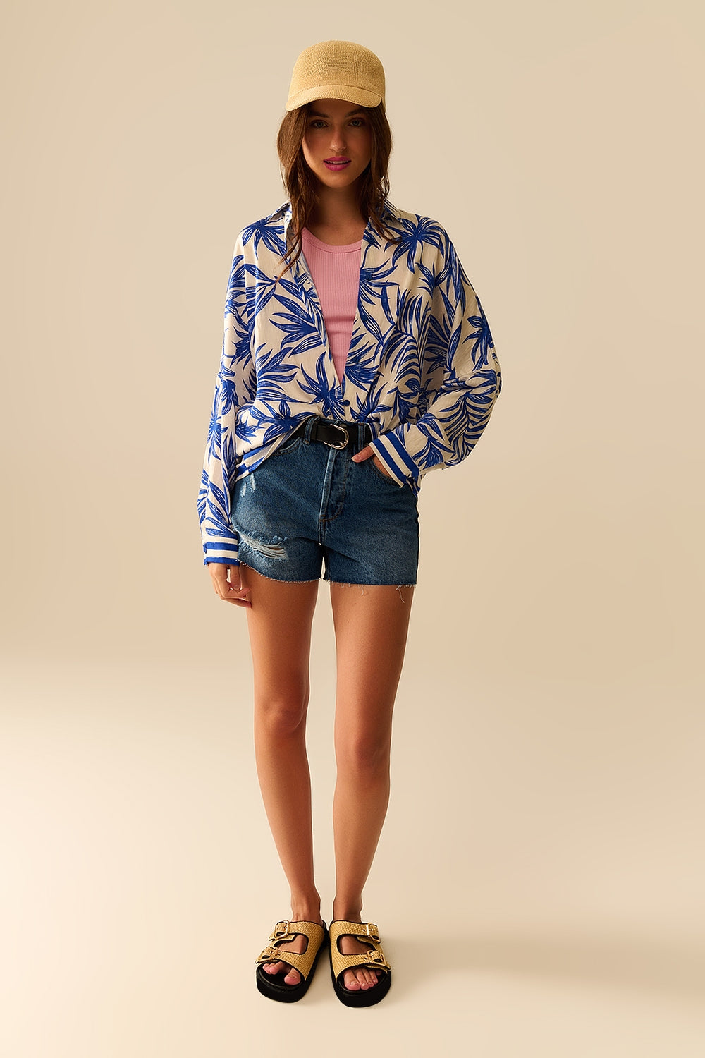Tropical Motif Relaxed Blouse in Blue and White