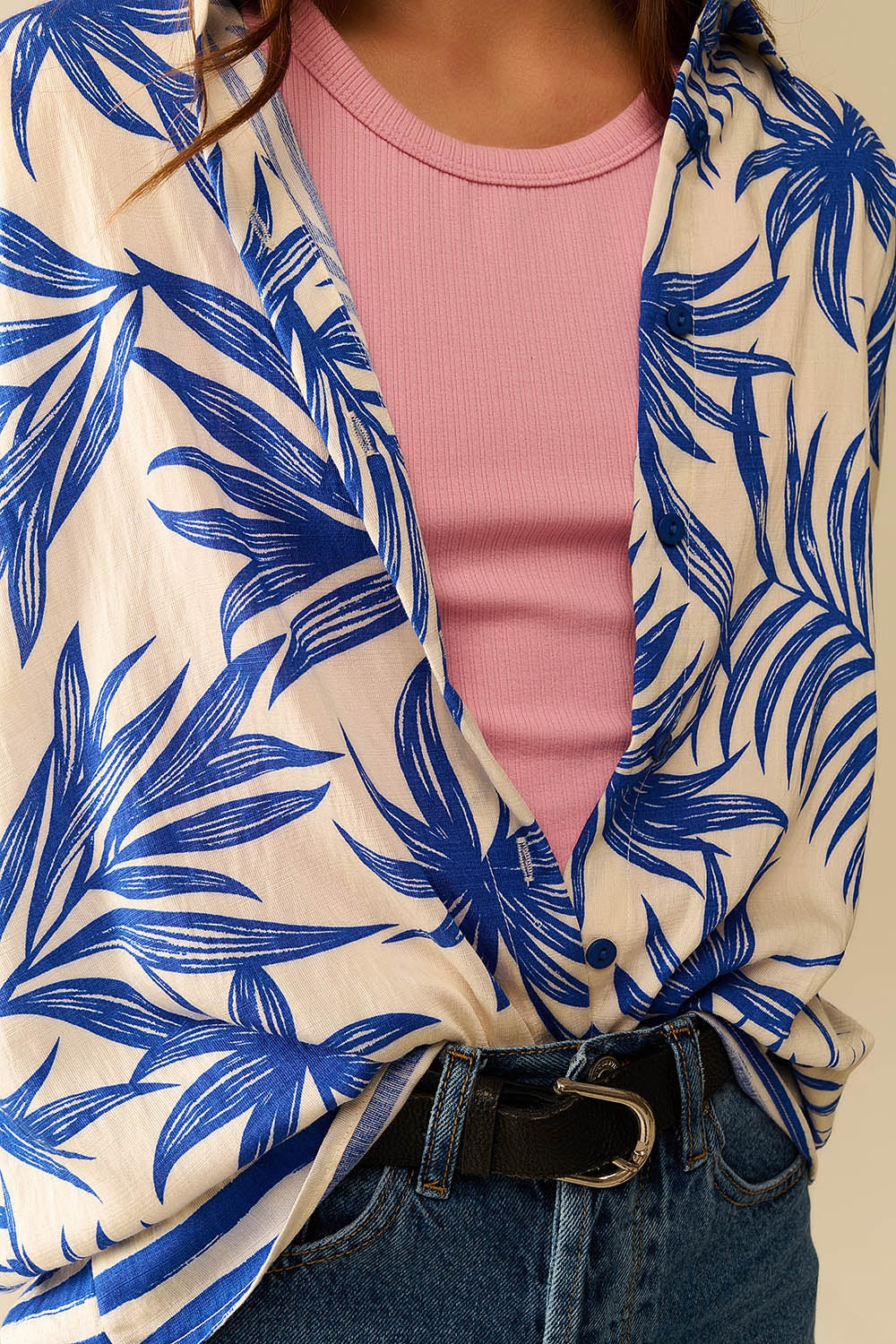 Tropical Motif Relaxed Blouse in Blue and White