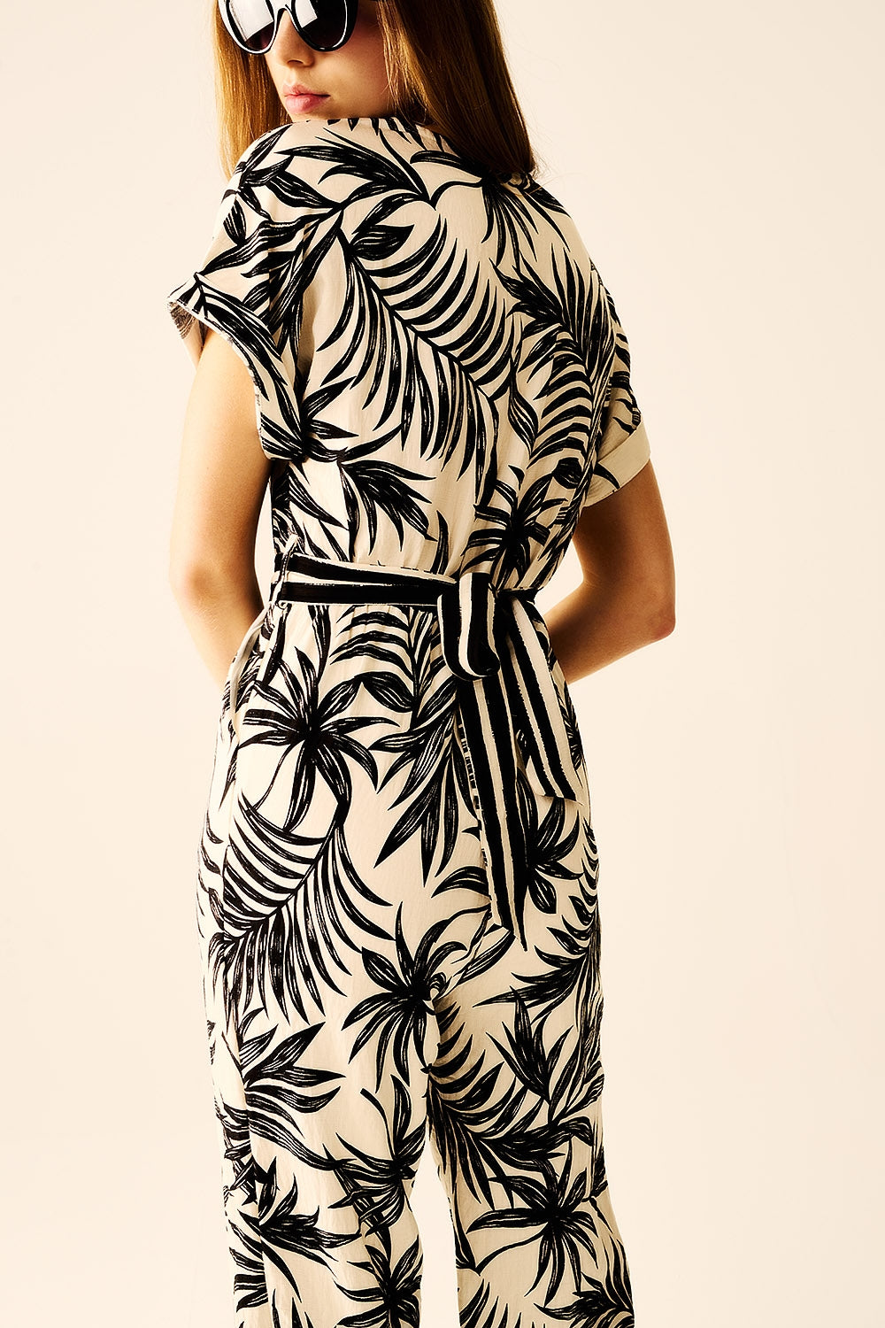 Tropical Motif Short Sleeve Jumpsuit in black and white