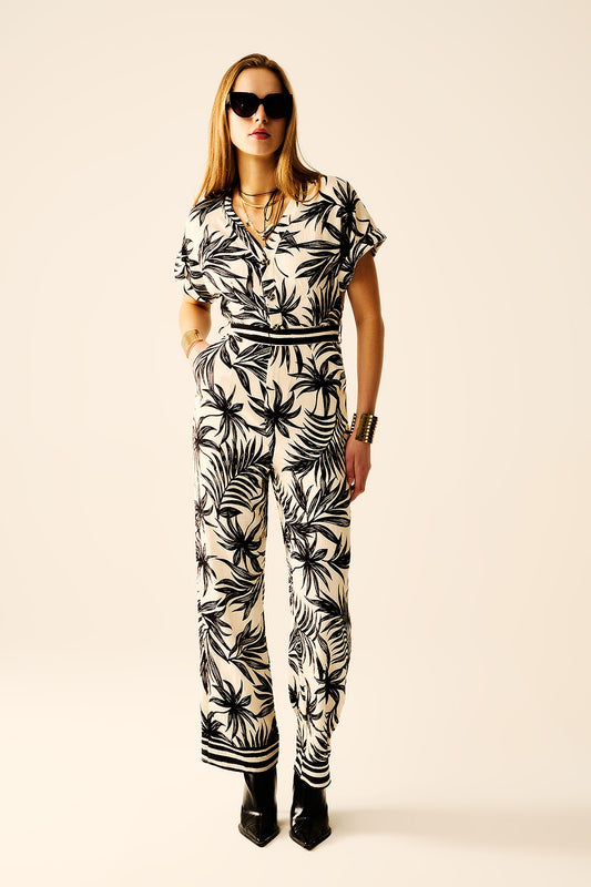 Q2 Tropical Motif Short Sleeve Jumpsuit in black and white