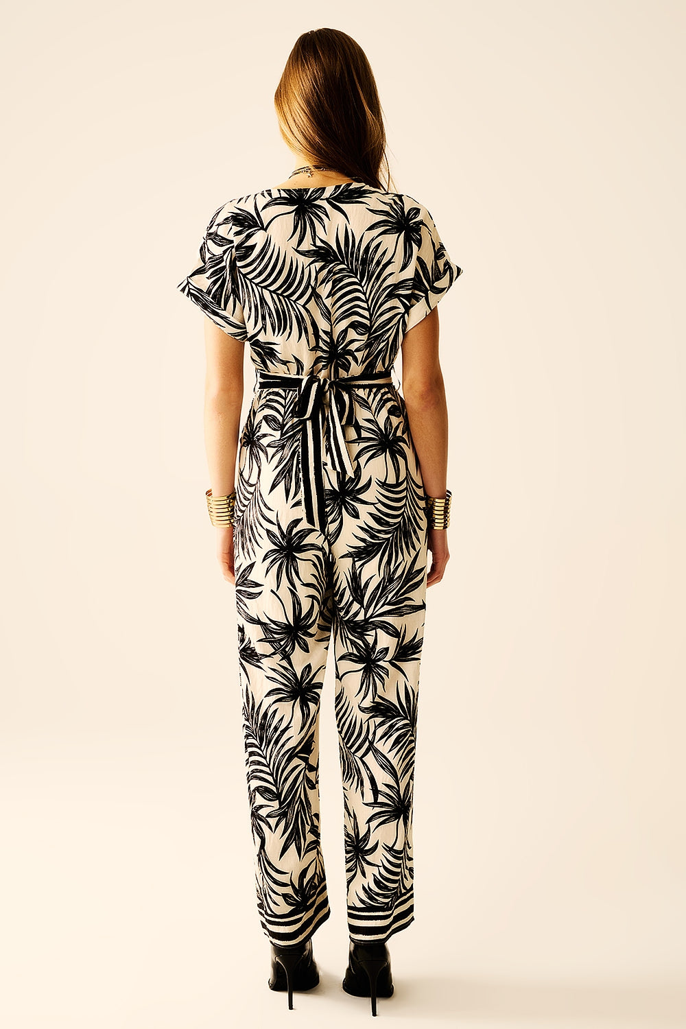 Tropical Motif Short Sleeve Jumpsuit in black and white