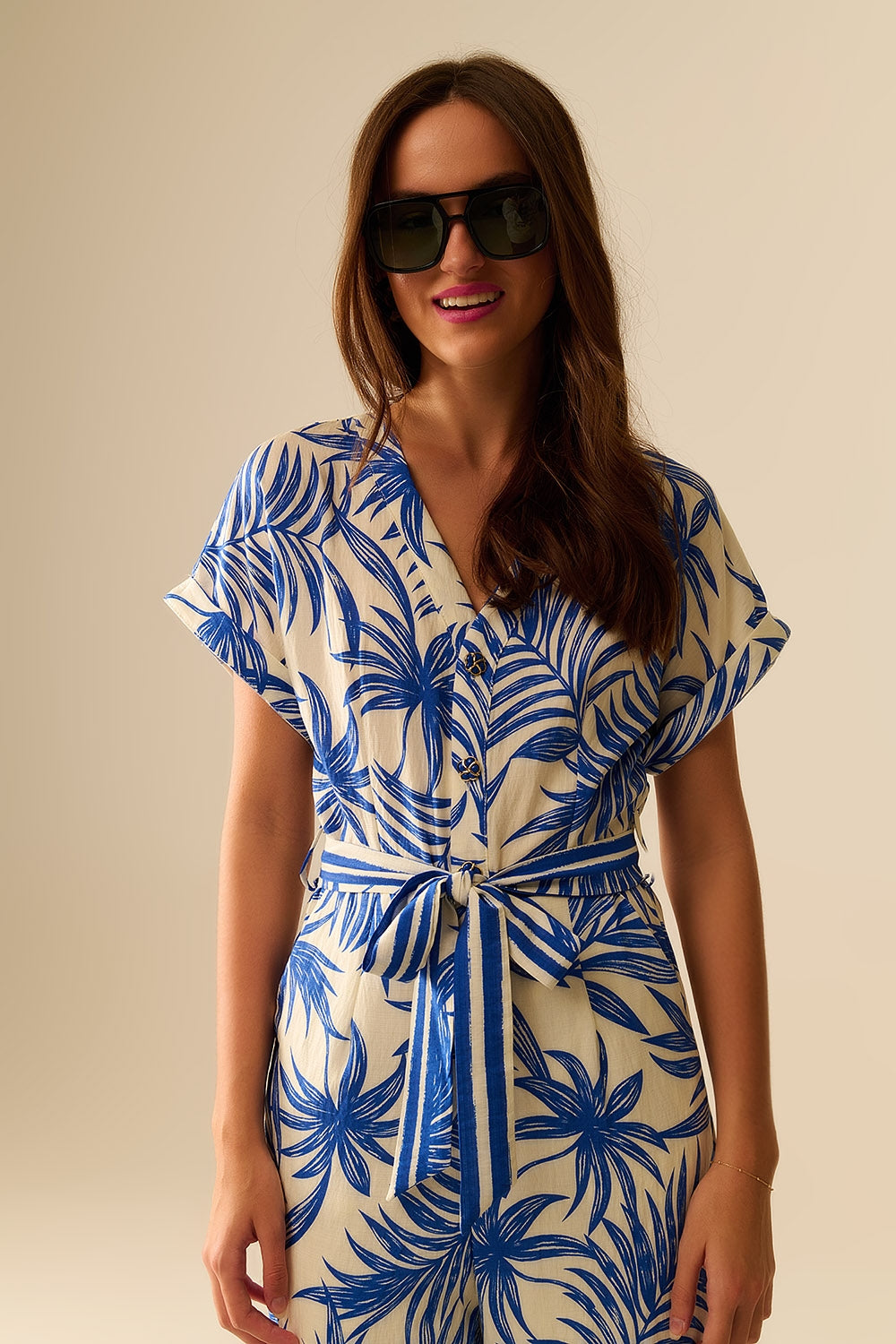 Tropical Motif Short Sleeve Jumpsuit in blue and white
