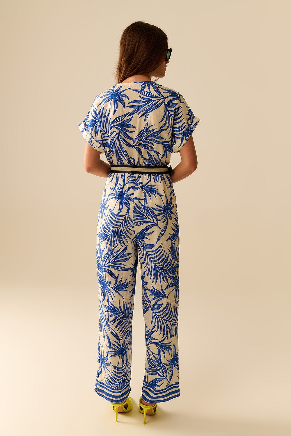 Tropical Motif Short Sleeve Jumpsuit in blue and white