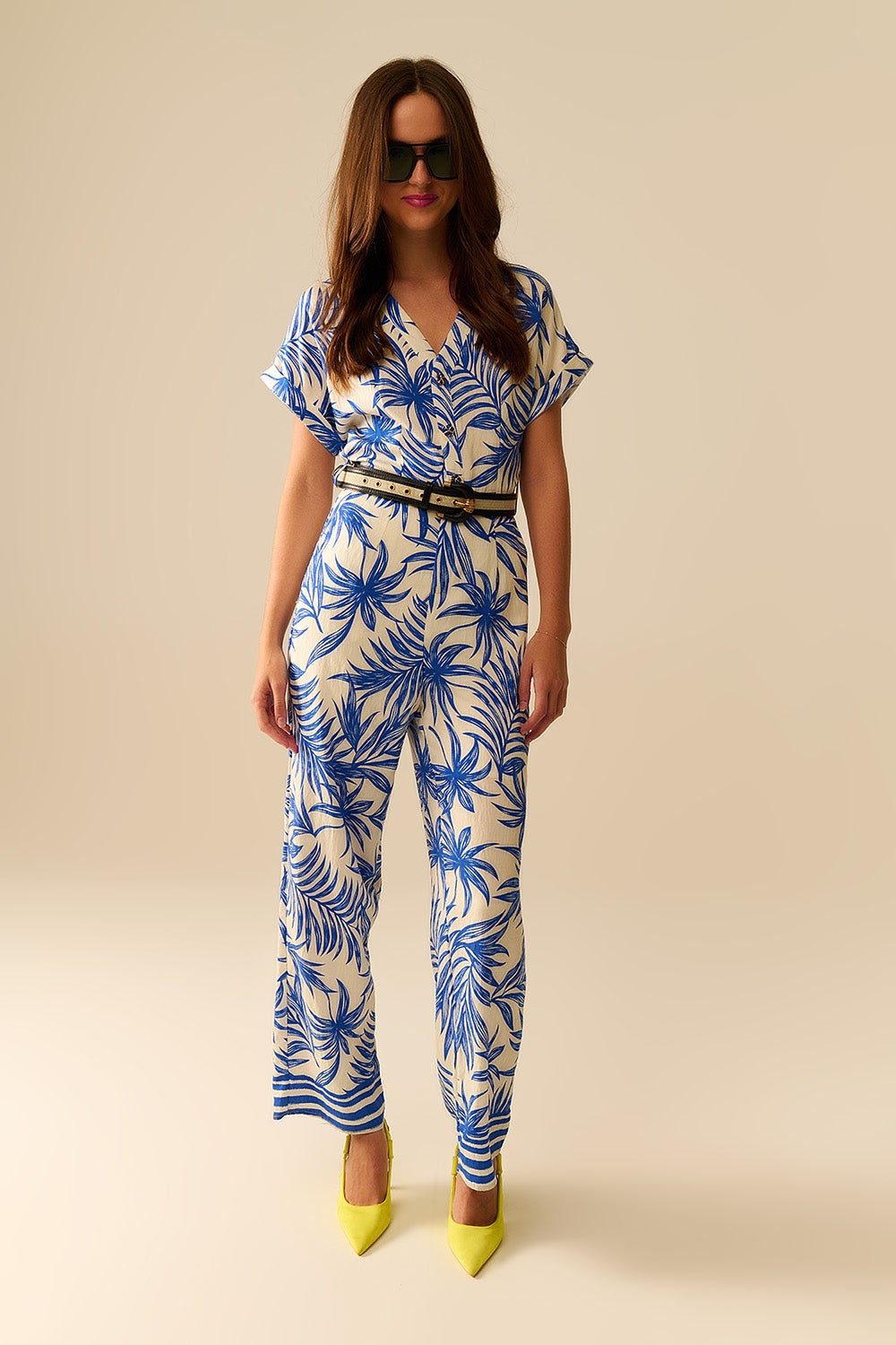 Tropical Motif Short Sleeve Jumpsuit in blue and white