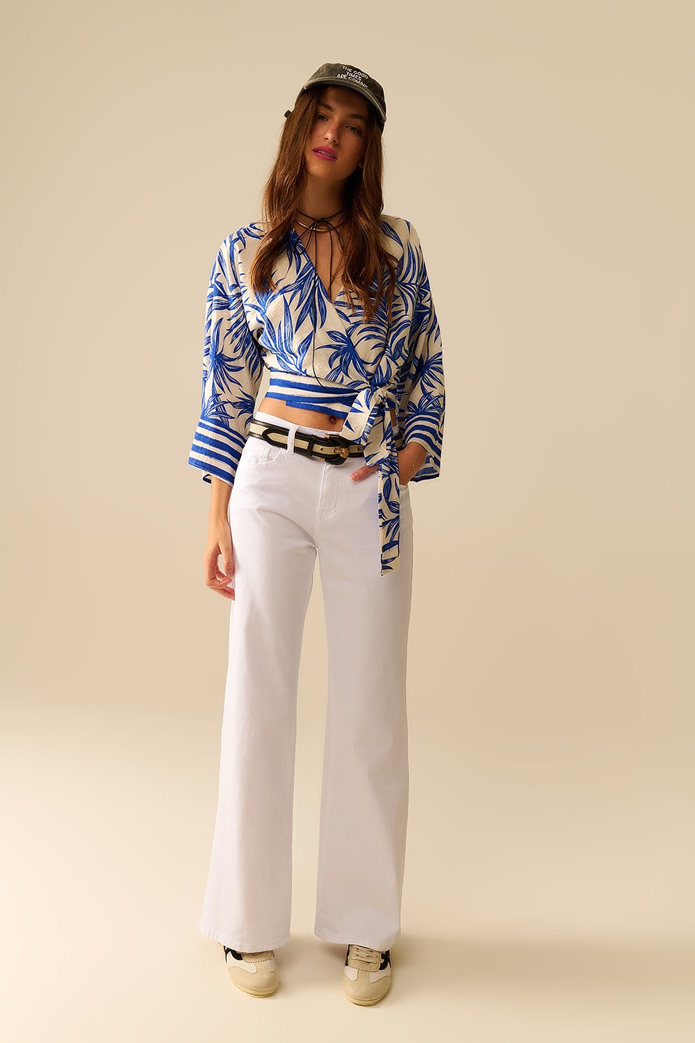 Tropical print wrap crop top in blue
