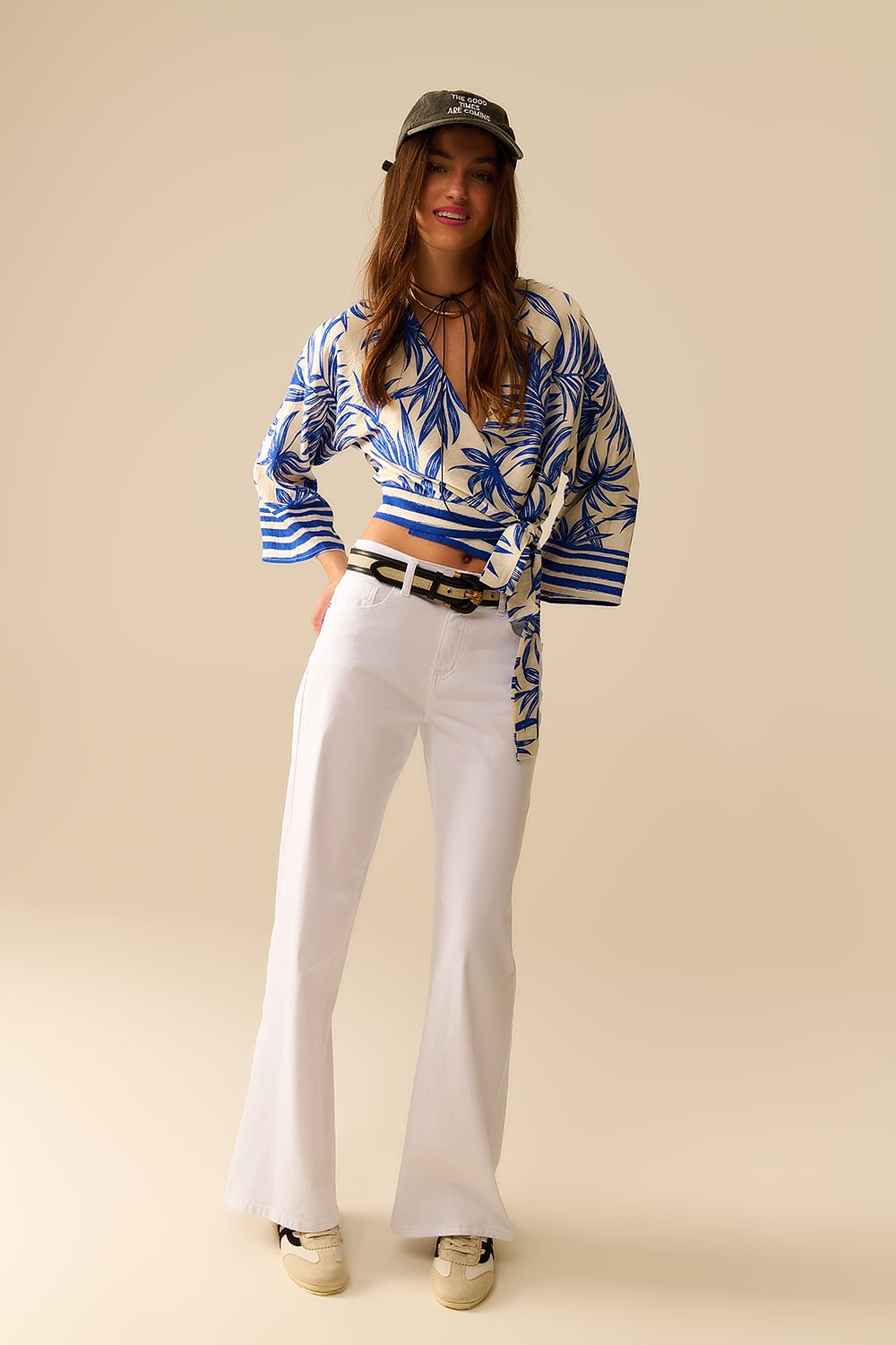 Tropical print wrap crop top in blue