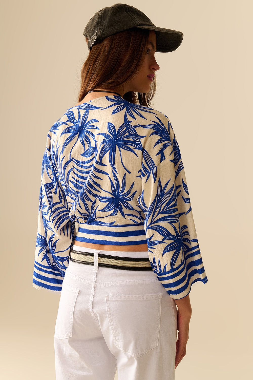 Tropical print wrap crop top in blue