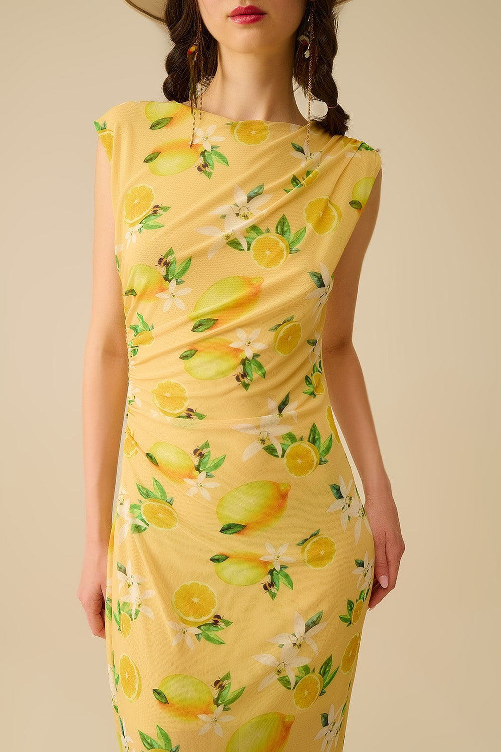 Tulle Dress With Side Rouching in Yellow Lemon Print