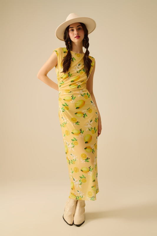 Q2 Tulle Dress With Side Rouching in Yellow Lemon Print