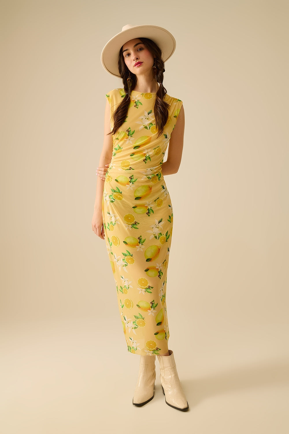 Tulle Dress With Side Rouching in Yellow Lemon Print