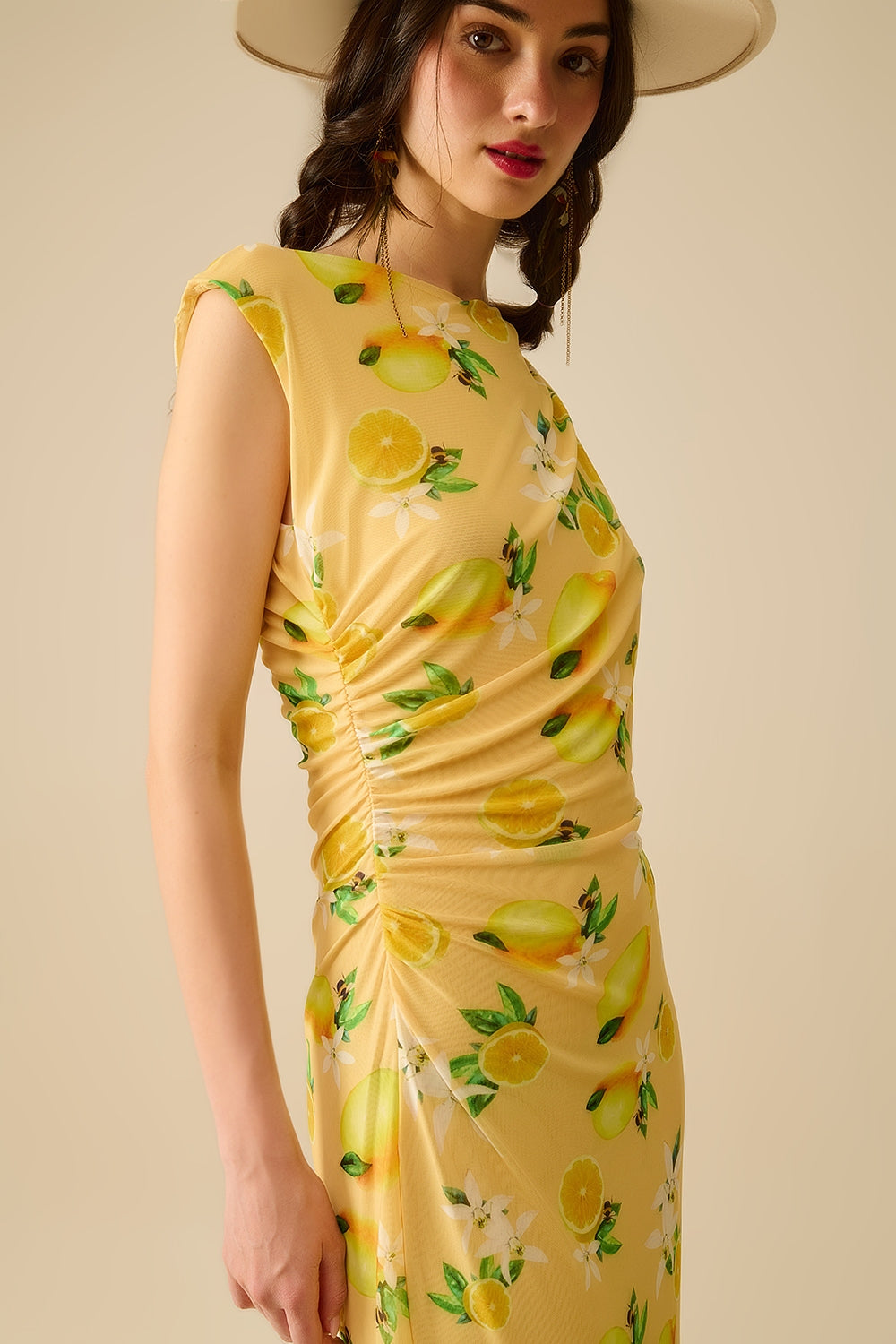 Tulle Dress With Side Rouching in Yellow Lemon Print