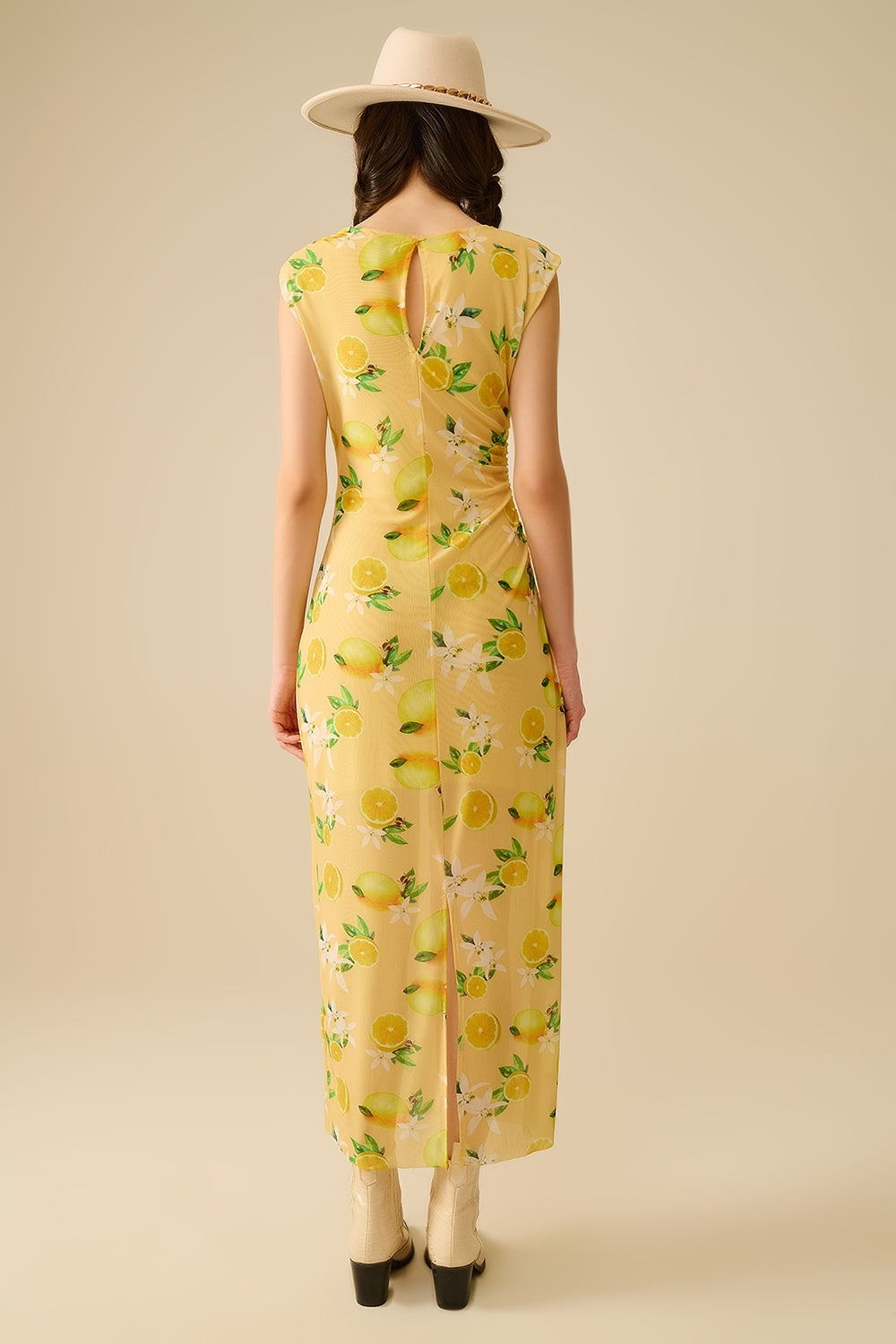 Tulle Dress With Side Rouching in Yellow Lemon Print