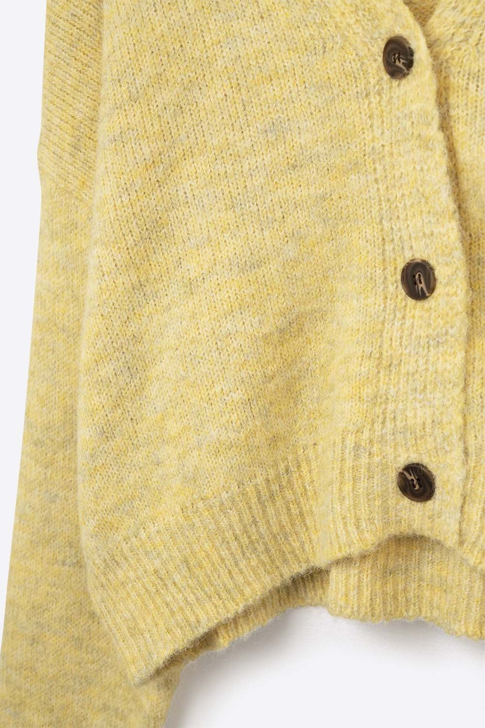 V-neck Basic yellow Buttoned Cardigan in fluffy knitted