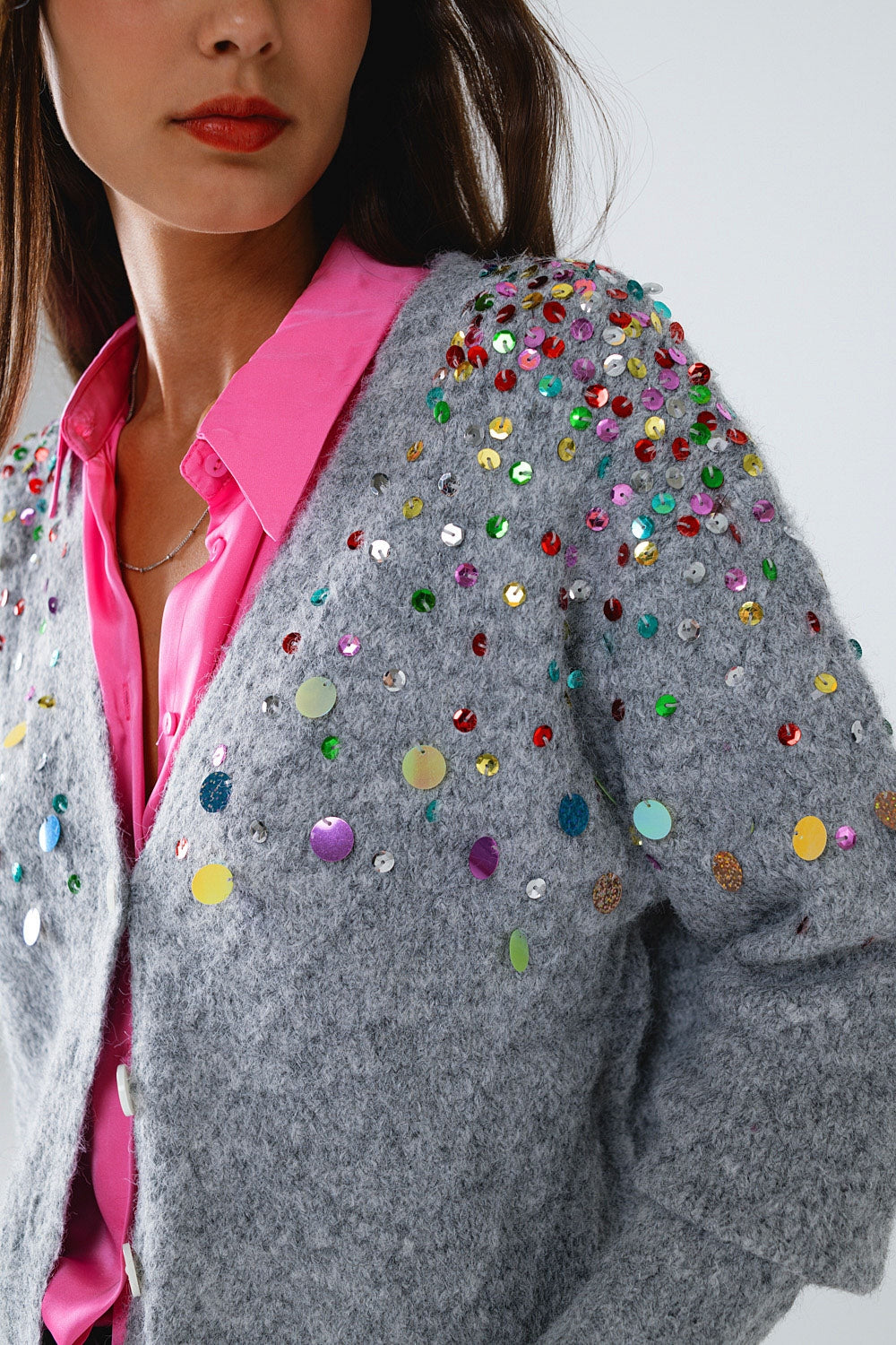V-neck Cardigan With Multicolor Embroidered Sequin in Gray