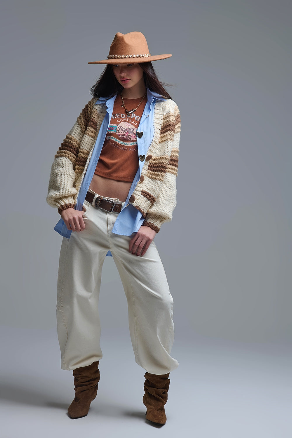 V-neck Chunky Knit Cardigan in striped of Brown and camel