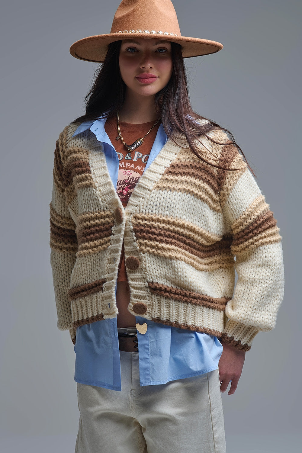 V-neck Chunky Knit Cardigan in striped of Brown and camel