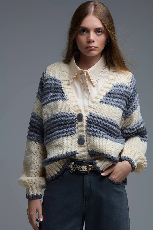 Q2 V-neck Chunky Knit Cardigan in striped of Grey and Cream
