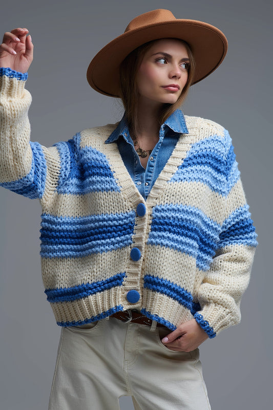 Q2 V-neck Chunky Knit Cardigan in stripes of Blue and cream