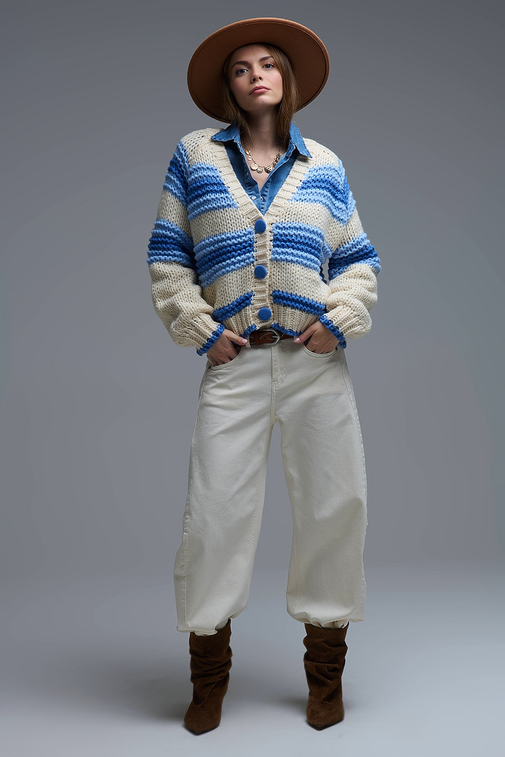 V-neck Chunky Knit Cardigan in stripes of Blue and cream