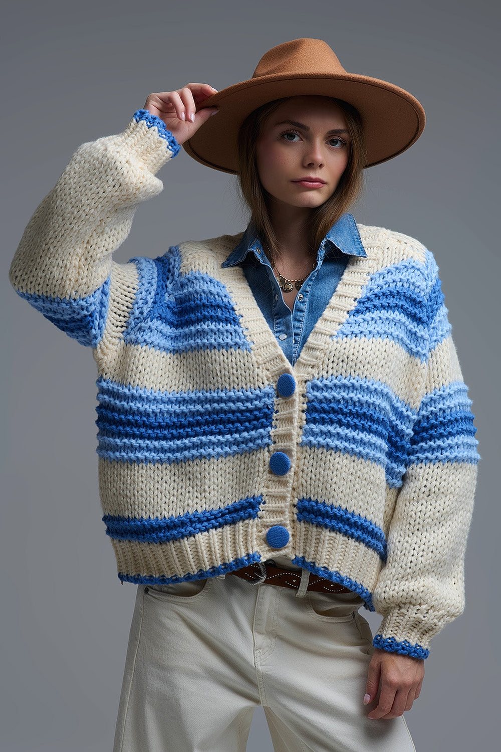 V-neck Chunky Knit Cardigan in stripes of Blue and cream