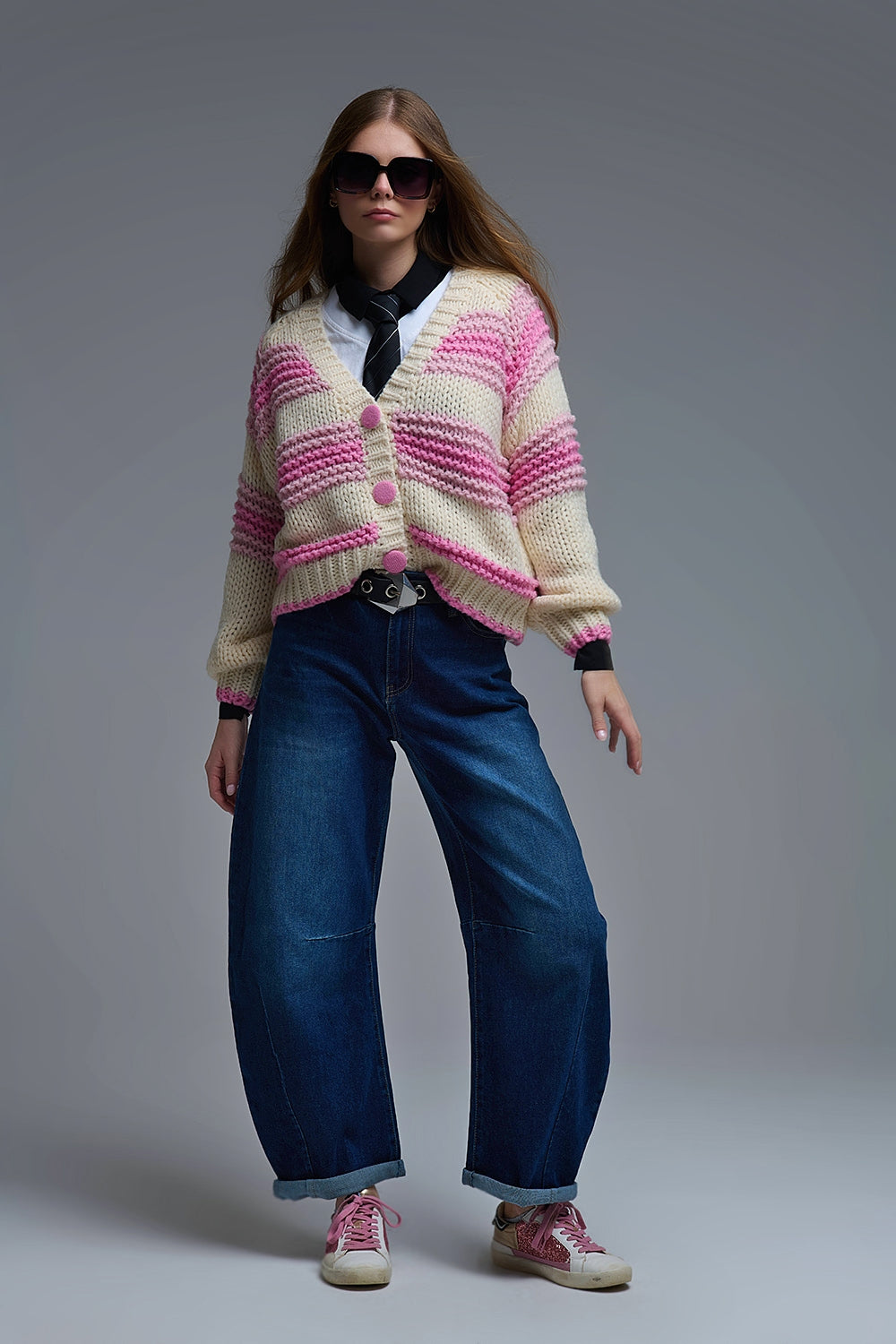 V-neck Chunky Knit Cardigan in stripes of Pink and cream
