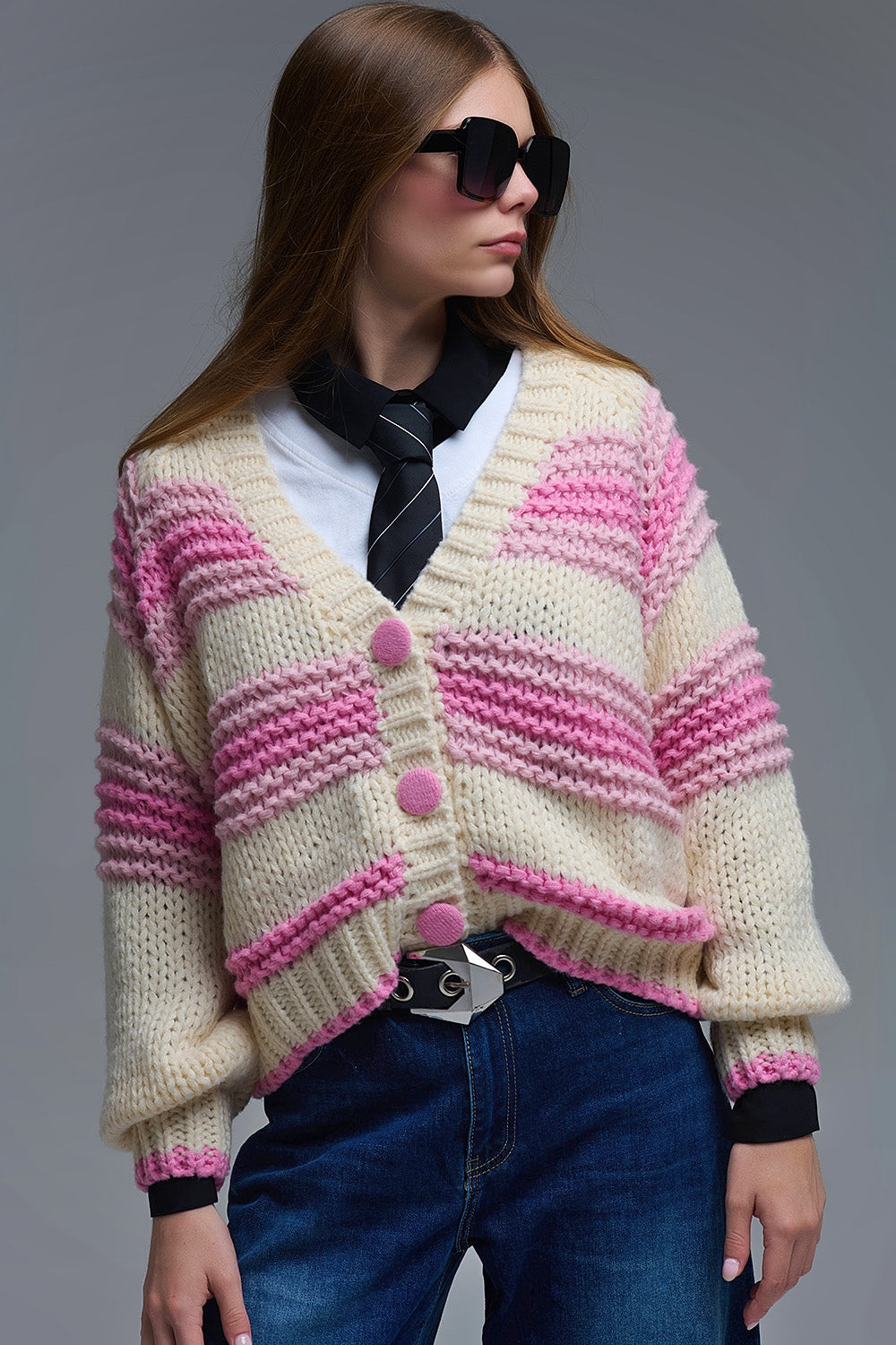 V-neck Chunky Knit Cardigan in stripes of Pink and cream