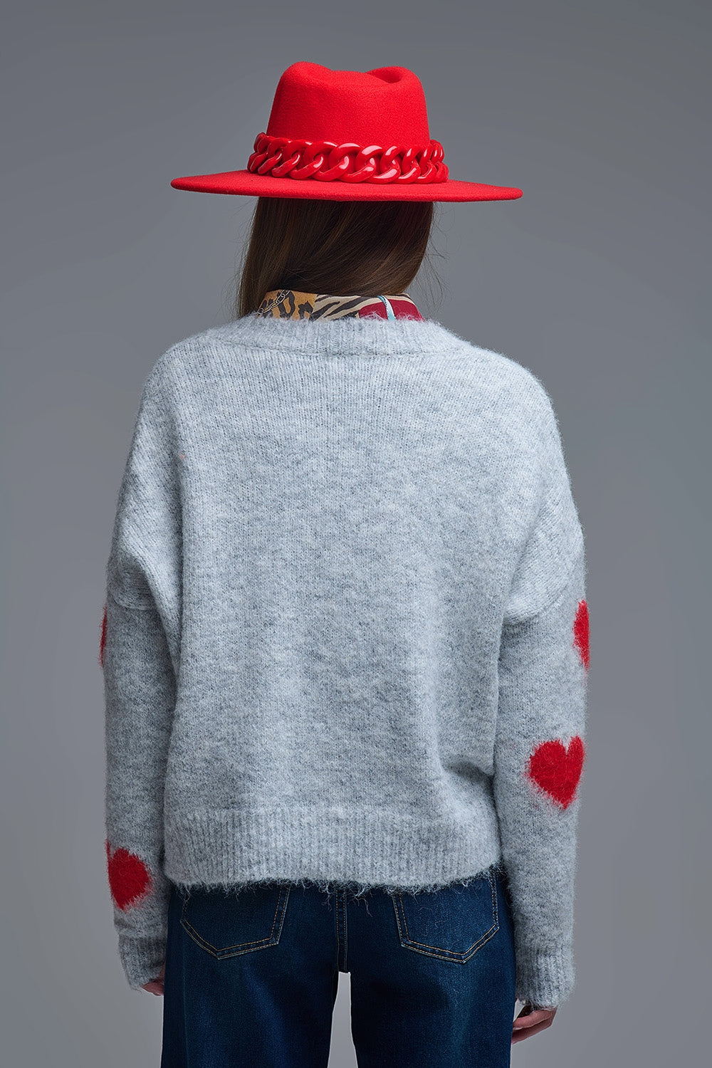V-neck Long Sleeve grey Sweater With Red Hearts