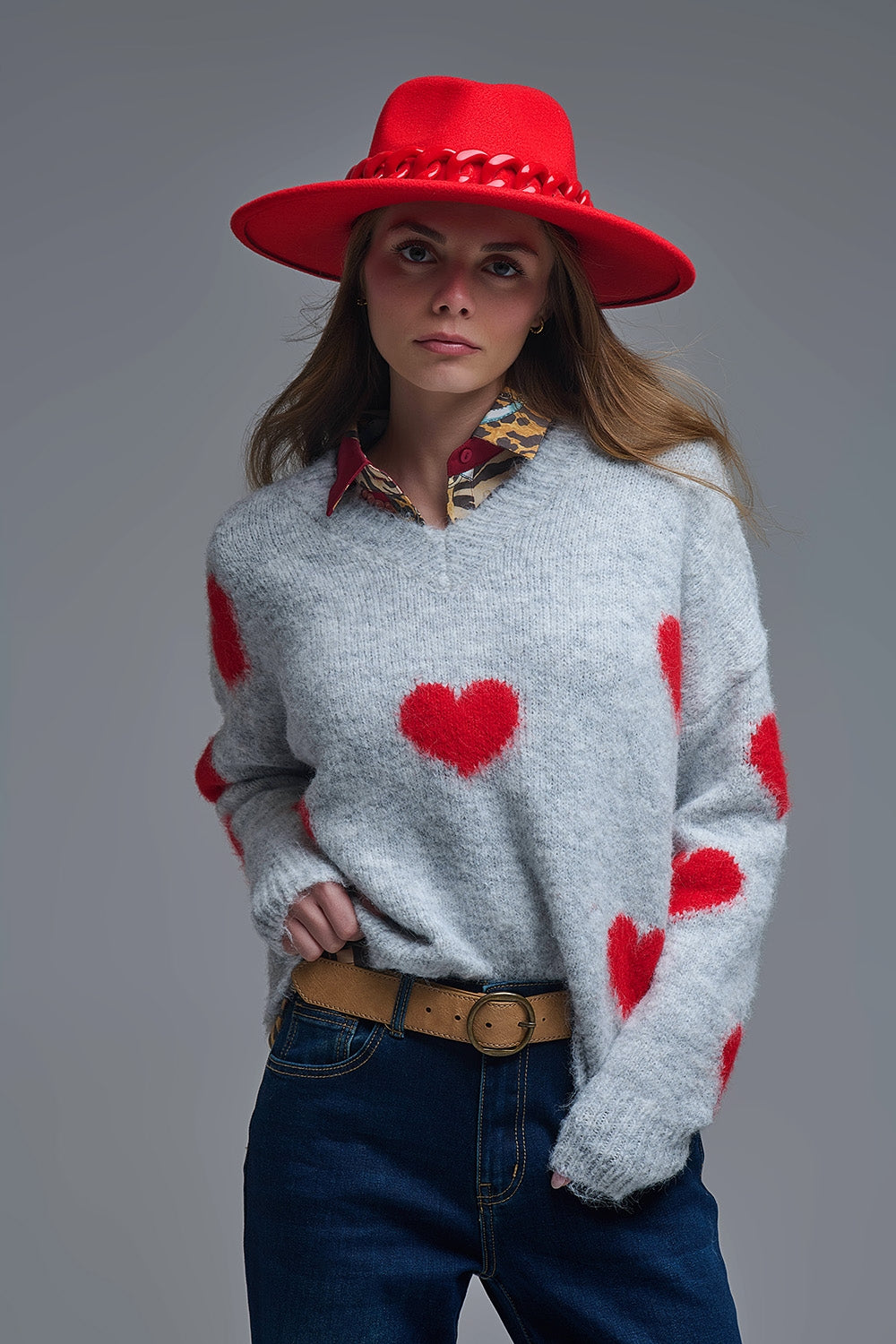V-neck Long Sleeve grey Sweater With Red Hearts