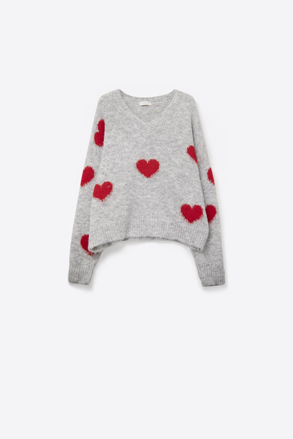 V-neck Long Sleeve grey Sweater With Red Hearts