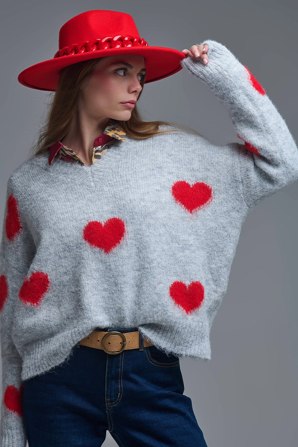 V-neck Long Sleeve grey Sweater With Red Hearts