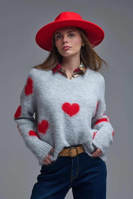 Q2 V-neck Long Sleeve grey Sweater With Red Hearts
