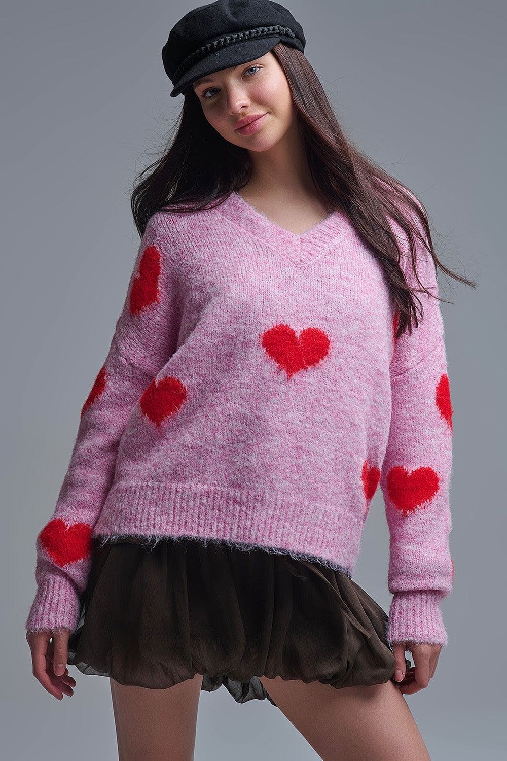 V-neck Long Sleeve Pink Sweater With Red Hearts