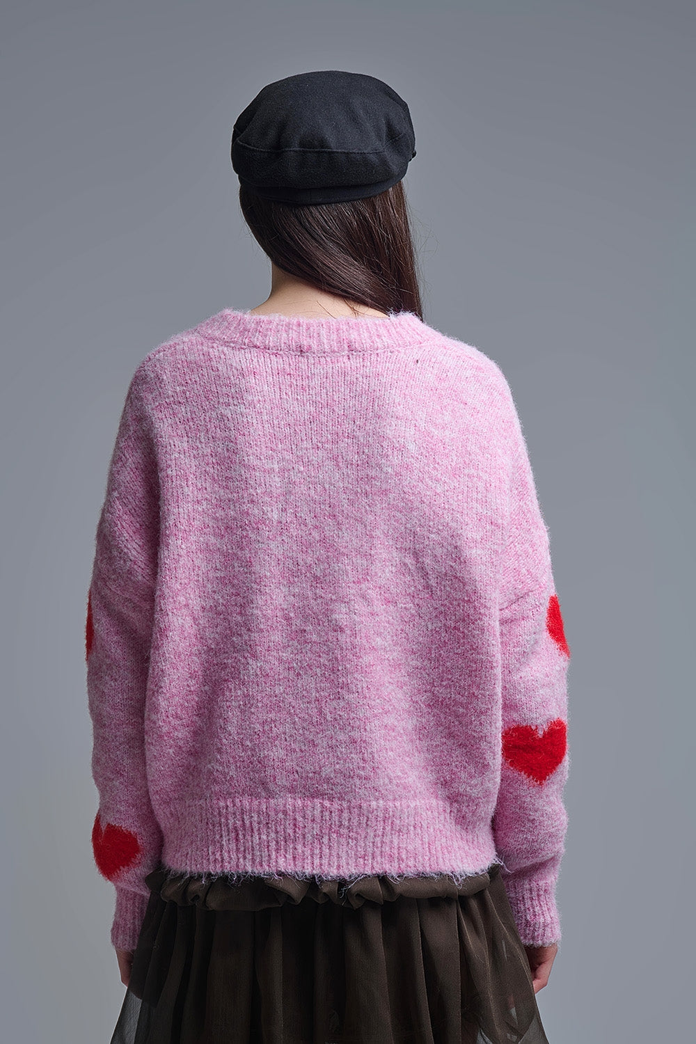 V-neck Long Sleeve Pink Sweater With Red Hearts