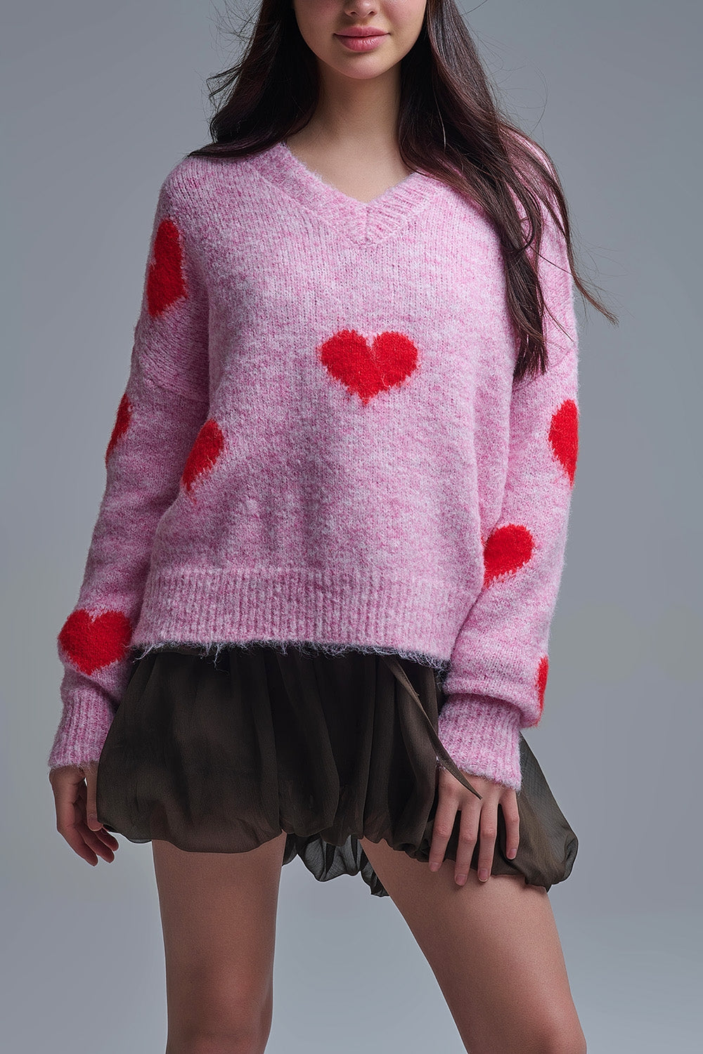 V-neck Long Sleeve Pink Sweater With Red Hearts