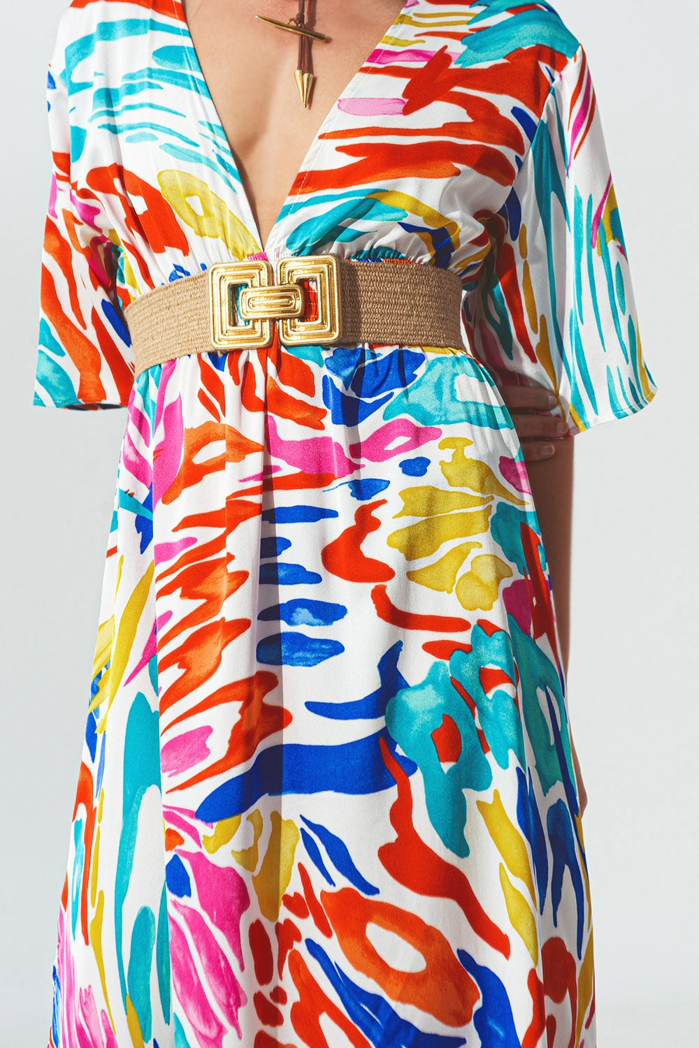 V Neck Maxi Dress with Multicolor Print