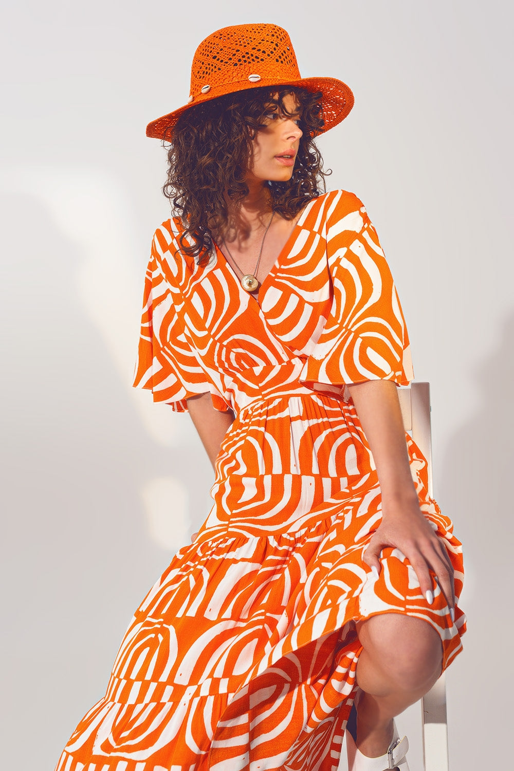 V neck Midi Dress with Print in Orange