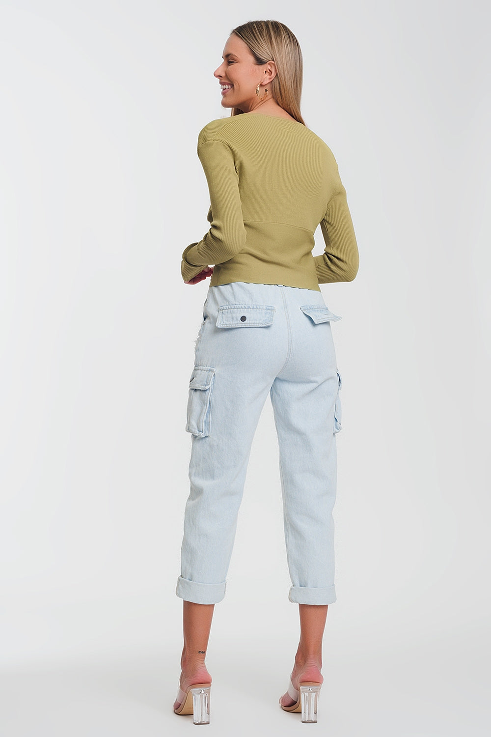 geribbelde trui met V-hals in groen