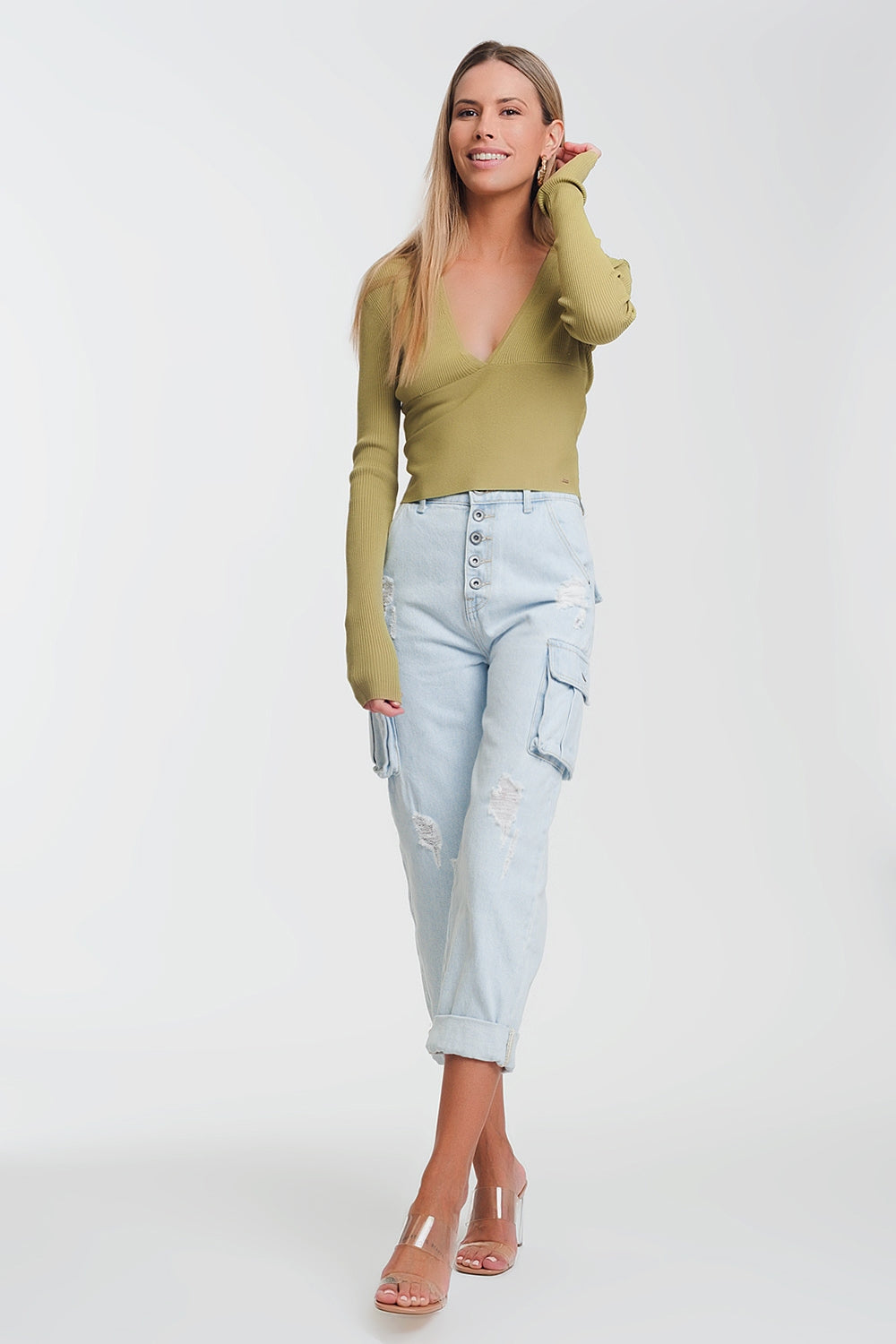 geribbelde trui met V-hals in groen