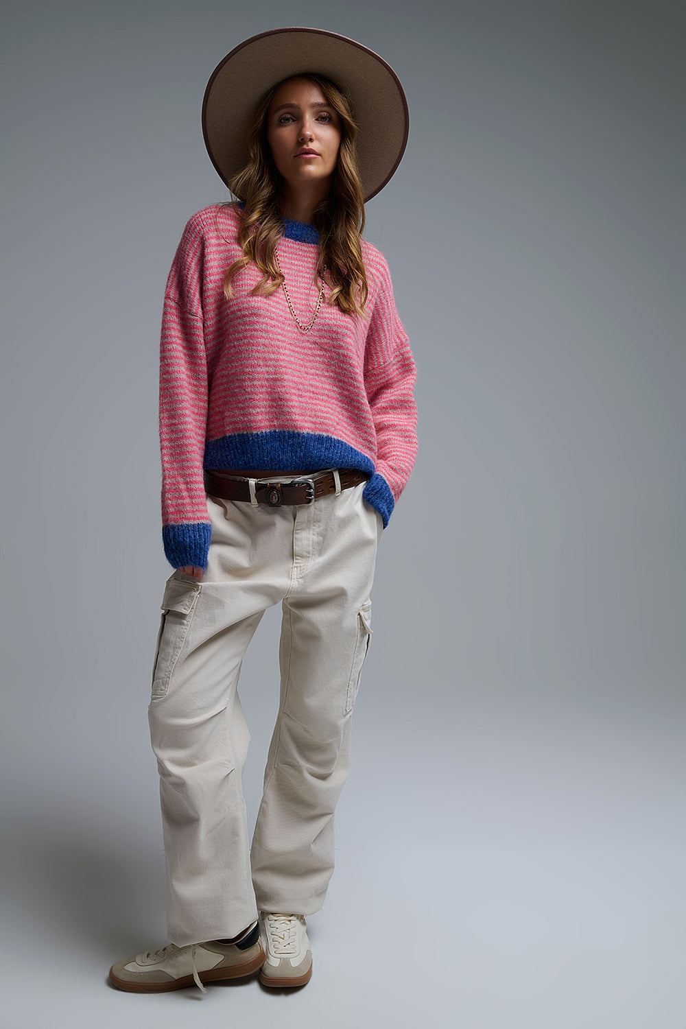 Vibrant Striped Knit Sweater with Navy Details