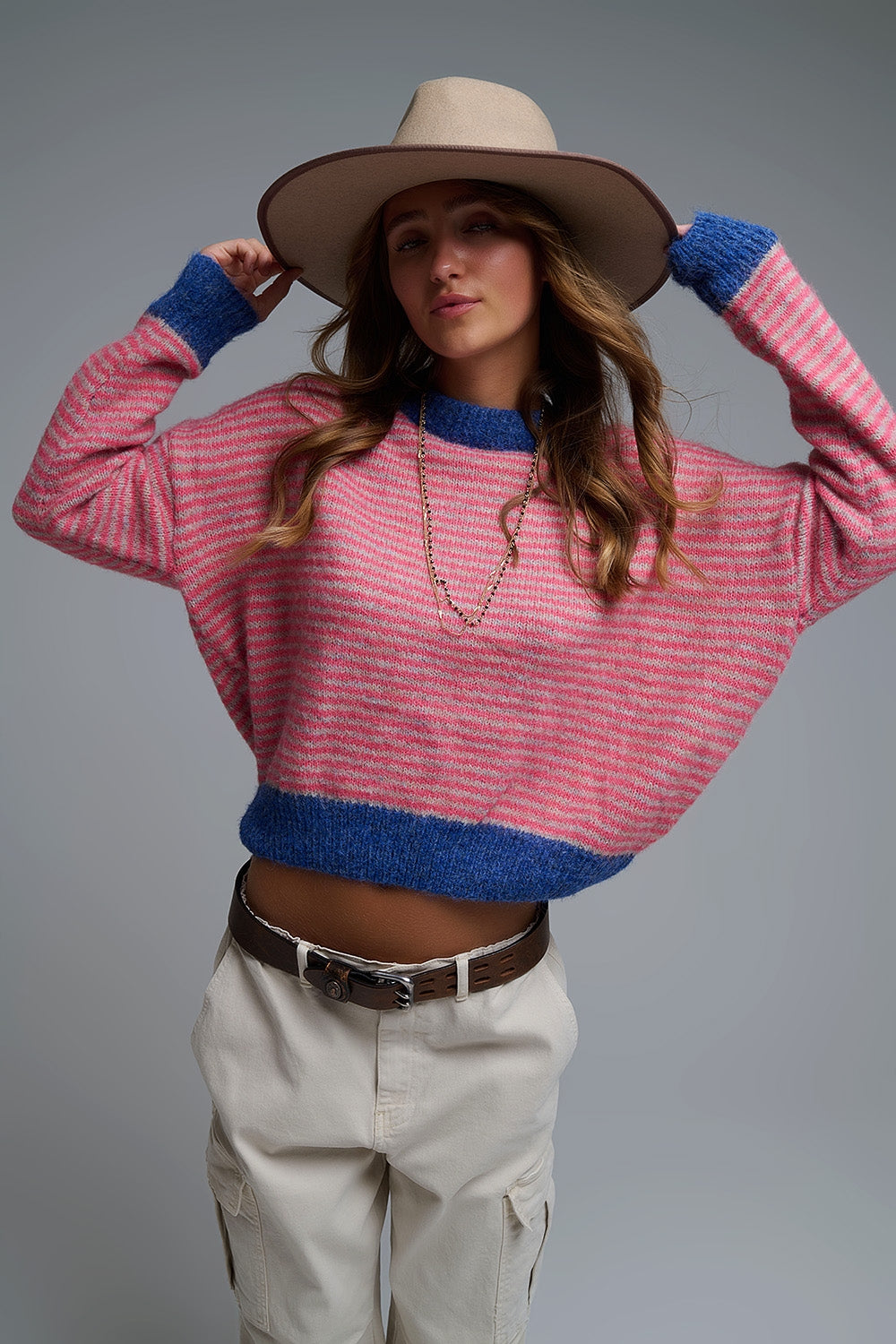 Vibrant Striped Knit Sweater with Navy Details