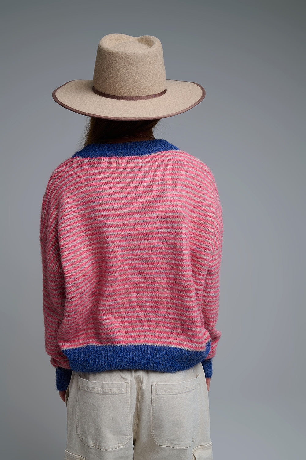 Vibrant Striped Knit Sweater with Navy Details