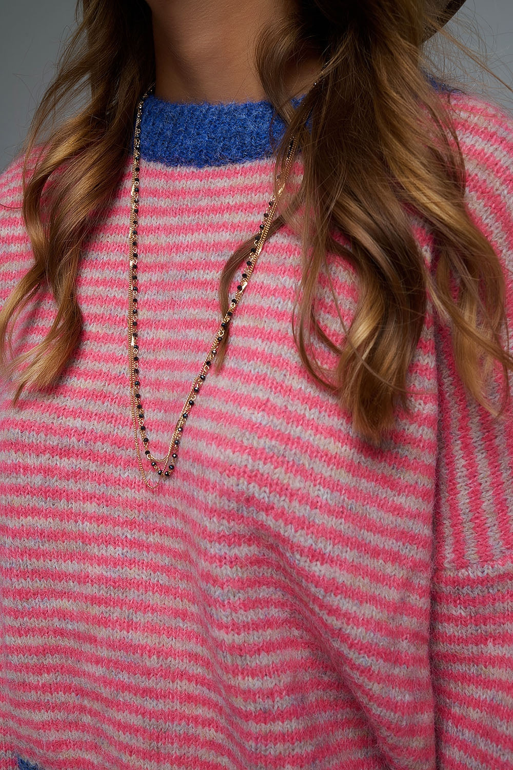 Vibrant Striped Knit Sweater with Navy Details