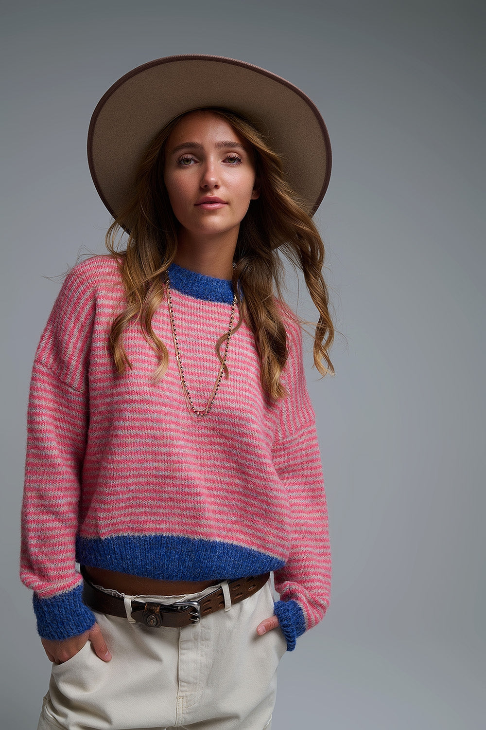Q2 Vibrant Striped Knit Sweater with Navy Details