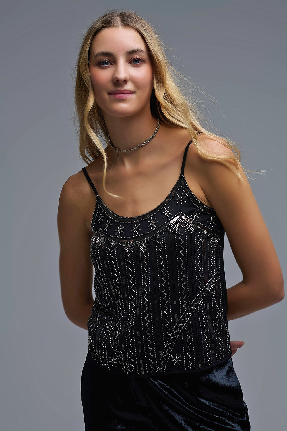 vintage Embroidered Sequin Cami Top in black