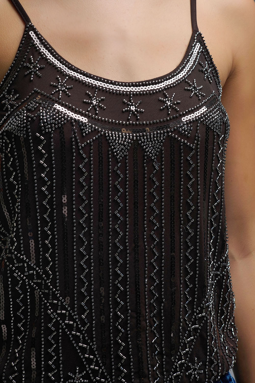 vintage Embroidered Sequin Cami Top in brown