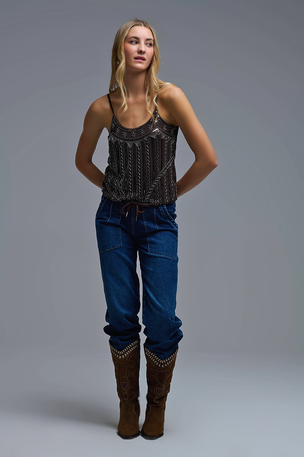 vintage Embroidered Sequin Cami Top in brown