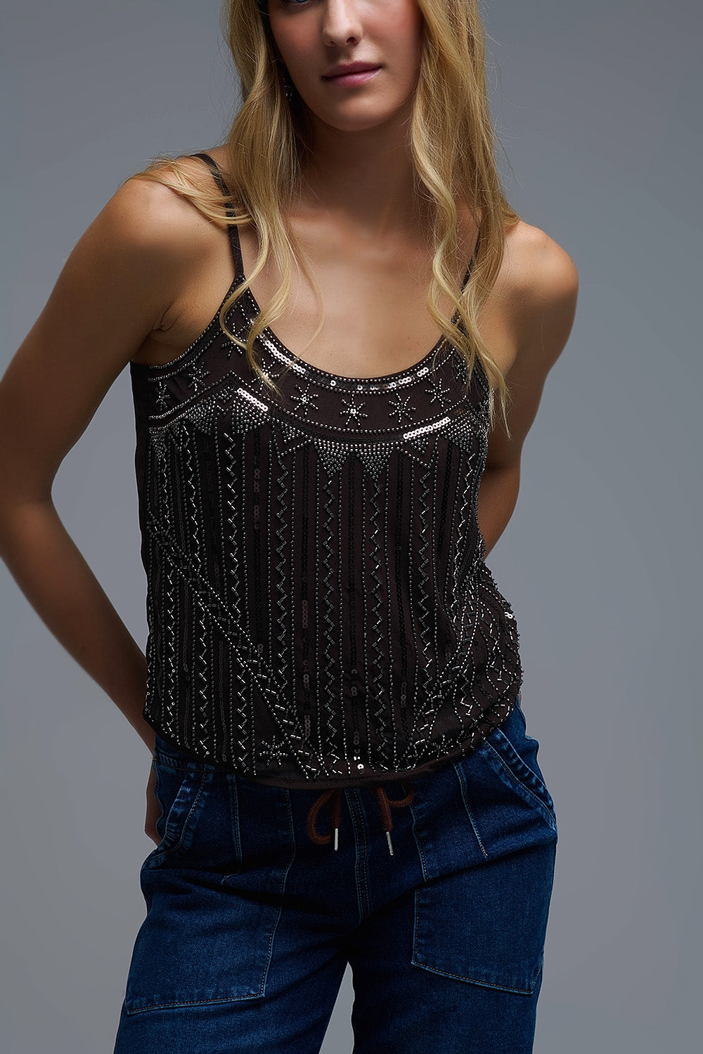 vintage Embroidered Sequin Cami Top in brown