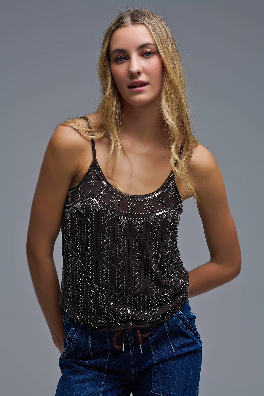 Q2 vintage Embroidered Sequin Cami Top in brown