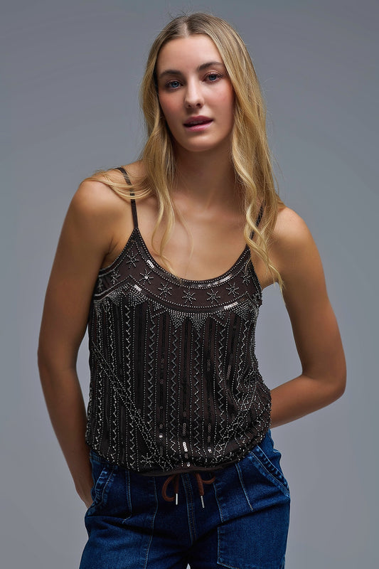 Q2 vintage Embroidered Sequin Cami Top in brown